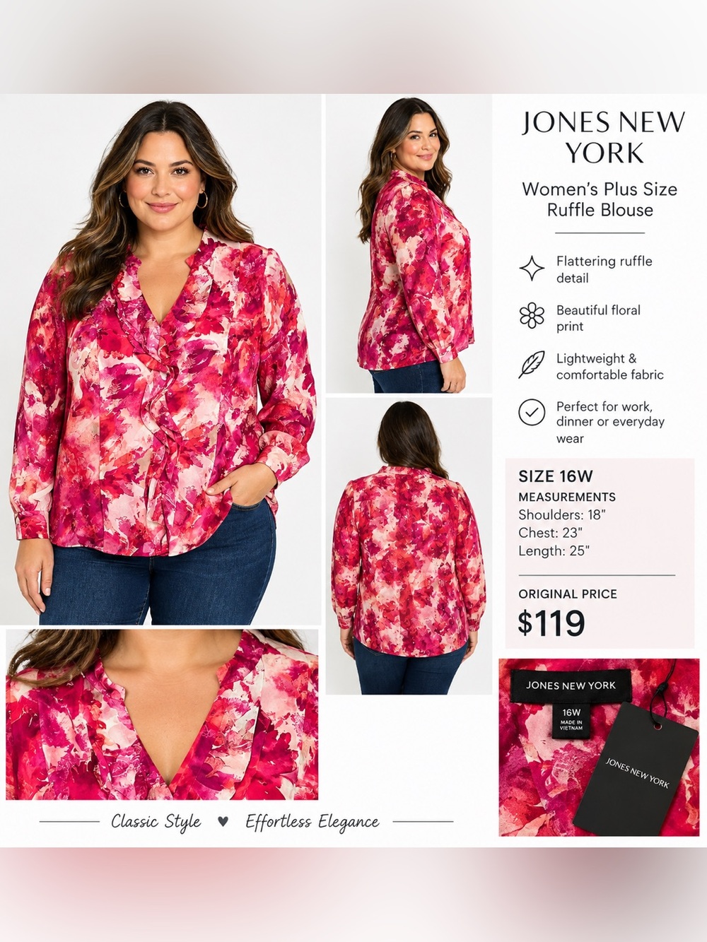 Jones New York 16W Floral Ruffle Blouse Pink Red Long Sleeve NWT $119